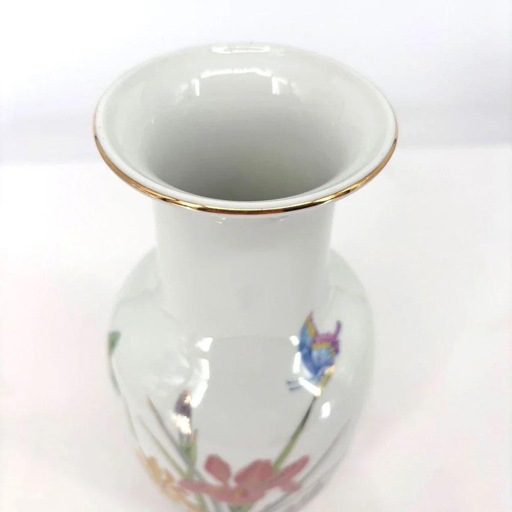 Srednick Collection Japan Porcelain Iris Butterfly Vase White Gold Rim Floral